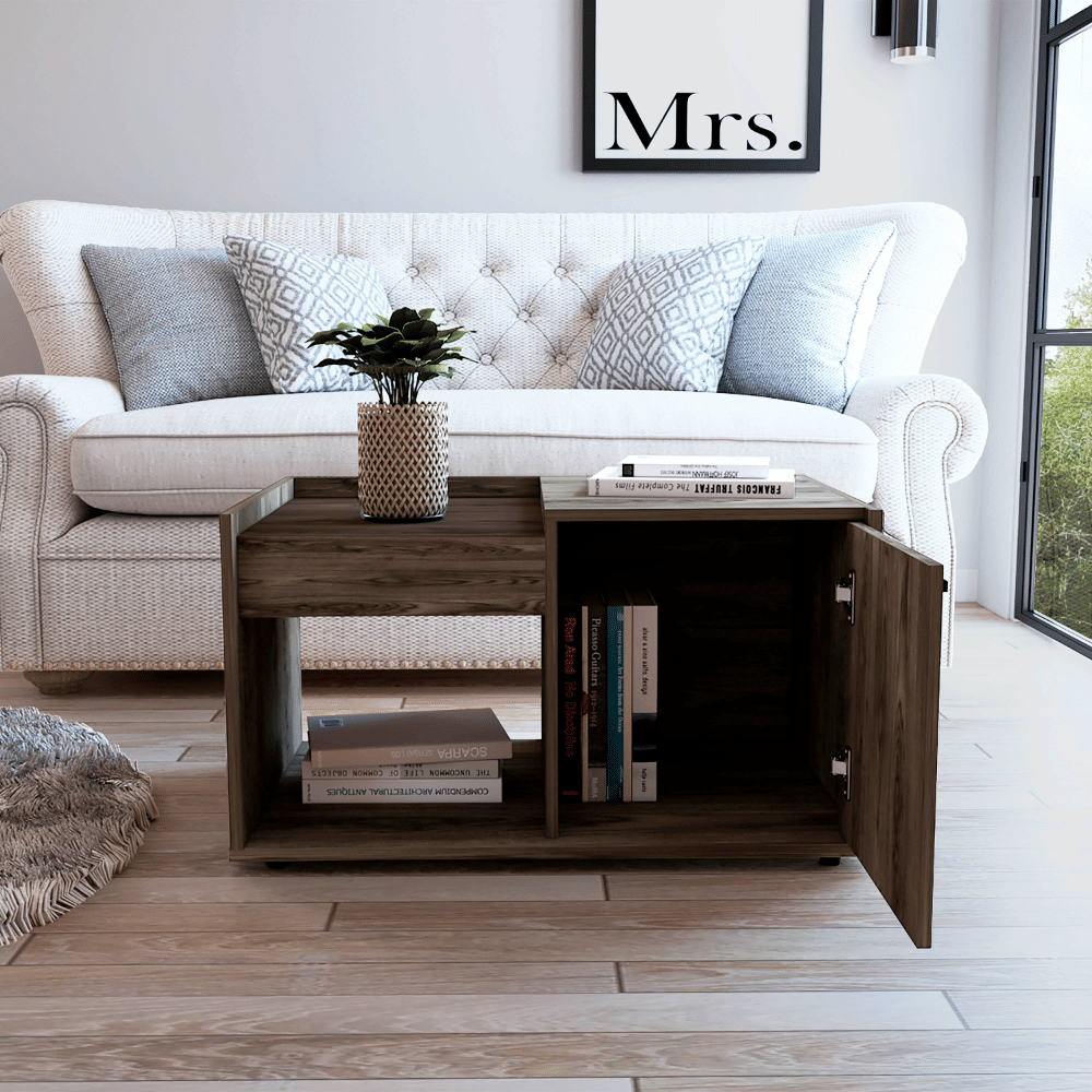 Coffee Table, One Open Shelf, Single Door Cabinet, Dark Walnut image 2