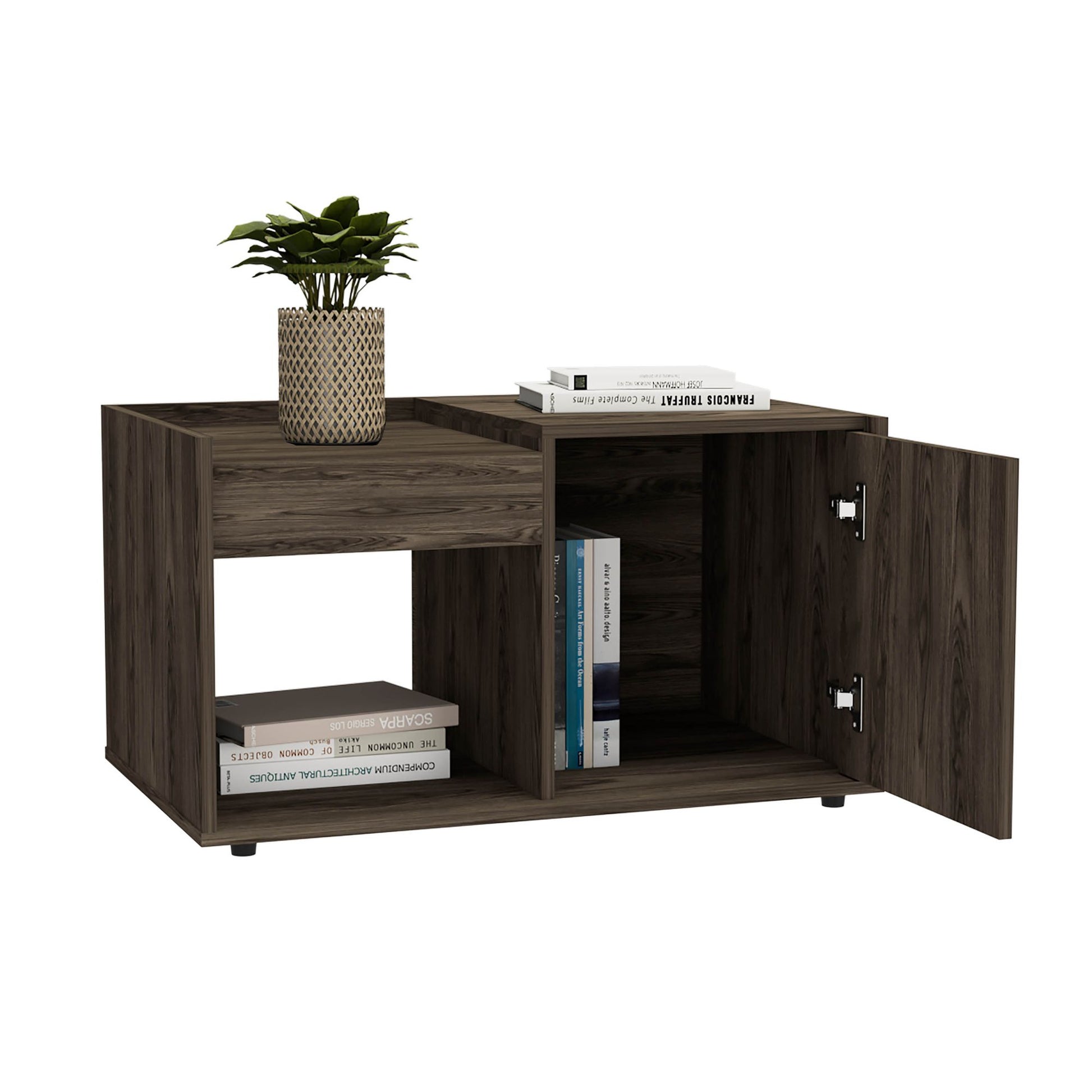Coffee Table, One Open Shelf, Single Door Cabinet, Dark Walnut image 3