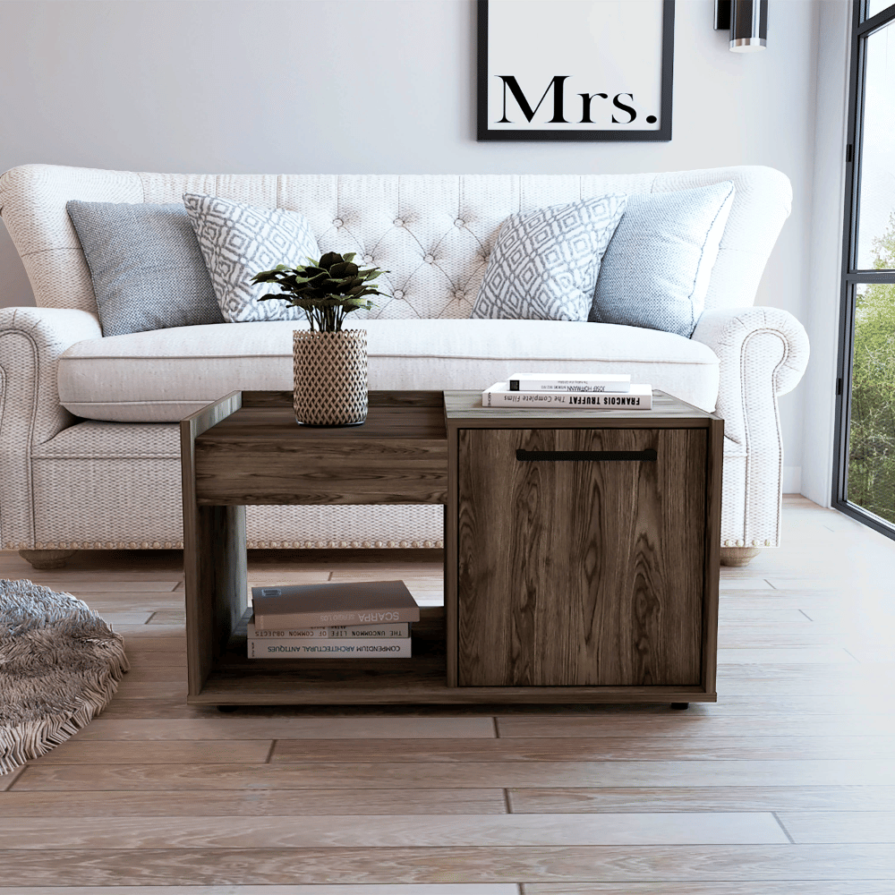 Coffee Table, One Open Shelf, Single Door Cabinet, Dark Walnut image 1
