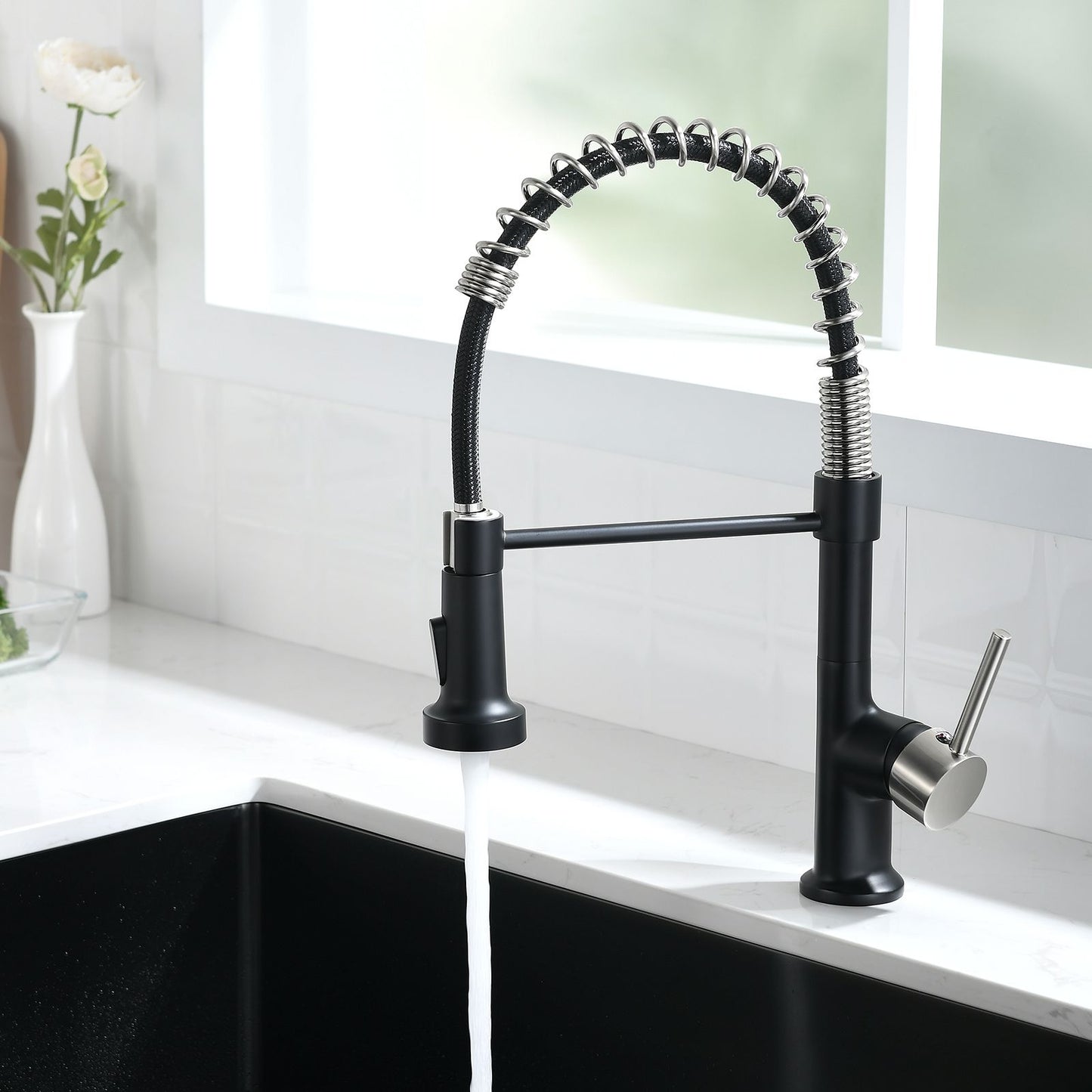 Commercial Black and Nickle Kitchen Faucet with Pull Down Sprayer, Single Handle Single Lever Kitchen Sink Faucet image 6