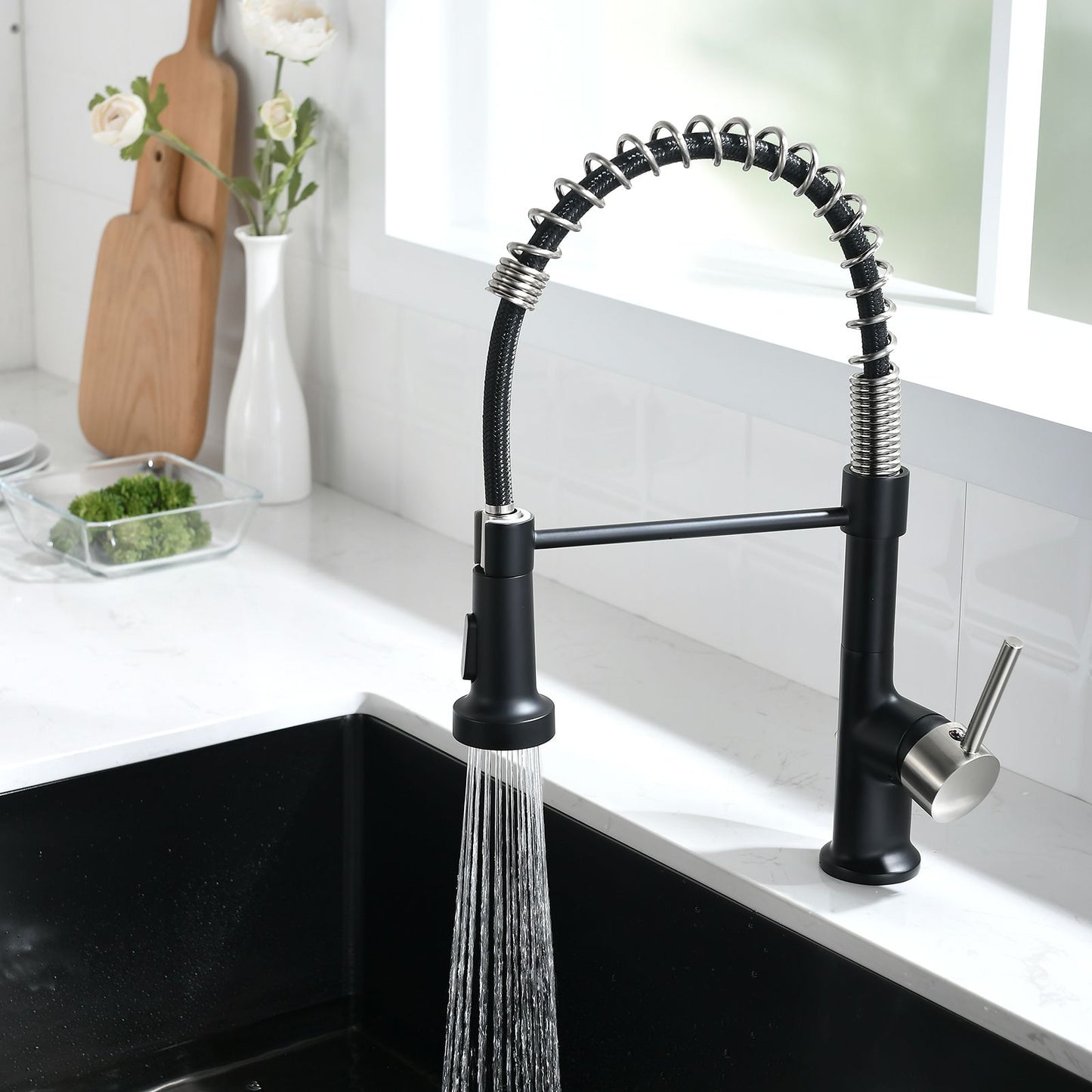 Commercial Black and Nickle Kitchen Faucet with Pull Down Sprayer, Single Handle Single Lever Kitchen Sink Faucet image 4