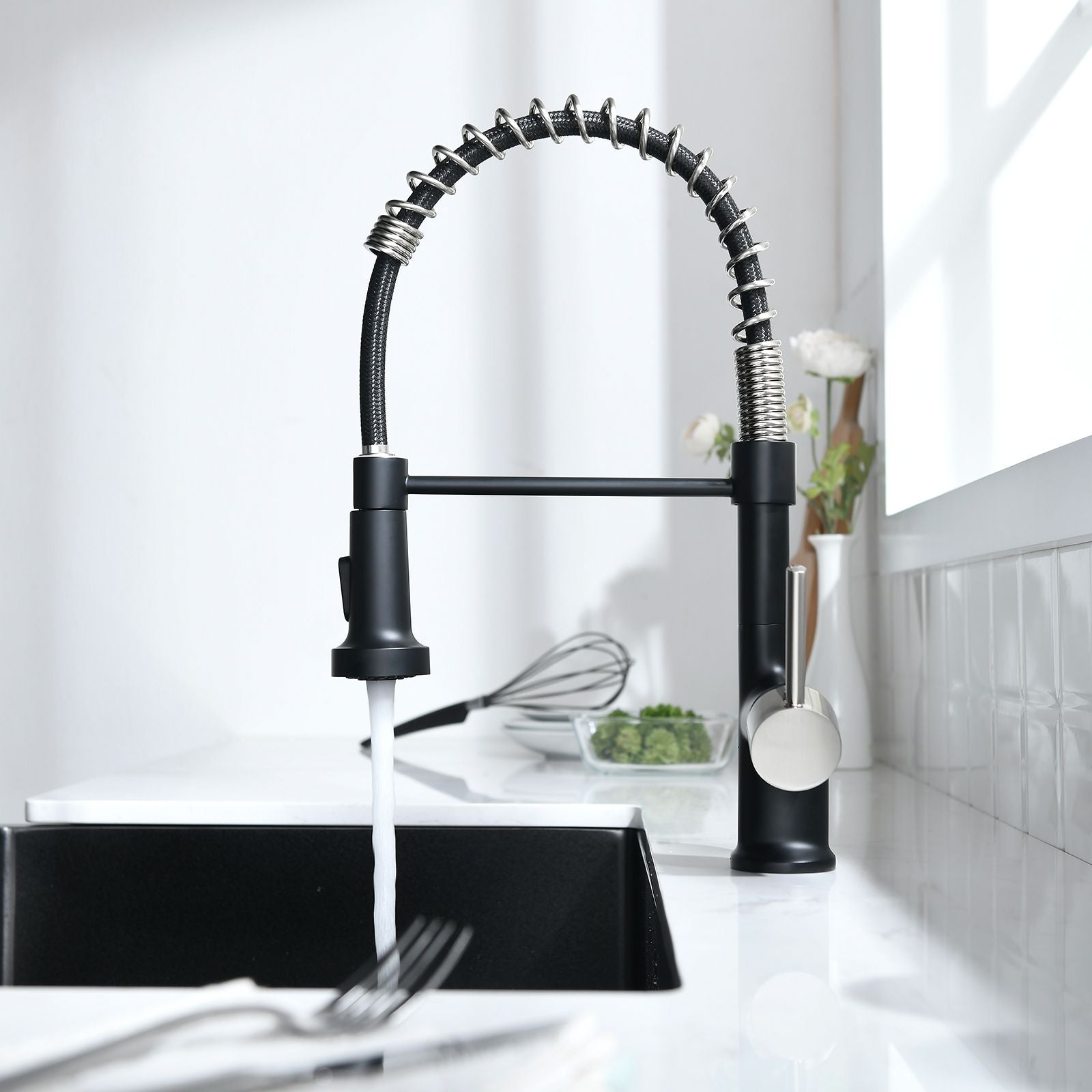 Commercial Black and Nickle Kitchen Faucet with Pull Down Sprayer, Single Handle Single Lever Kitchen Sink Faucet image 8