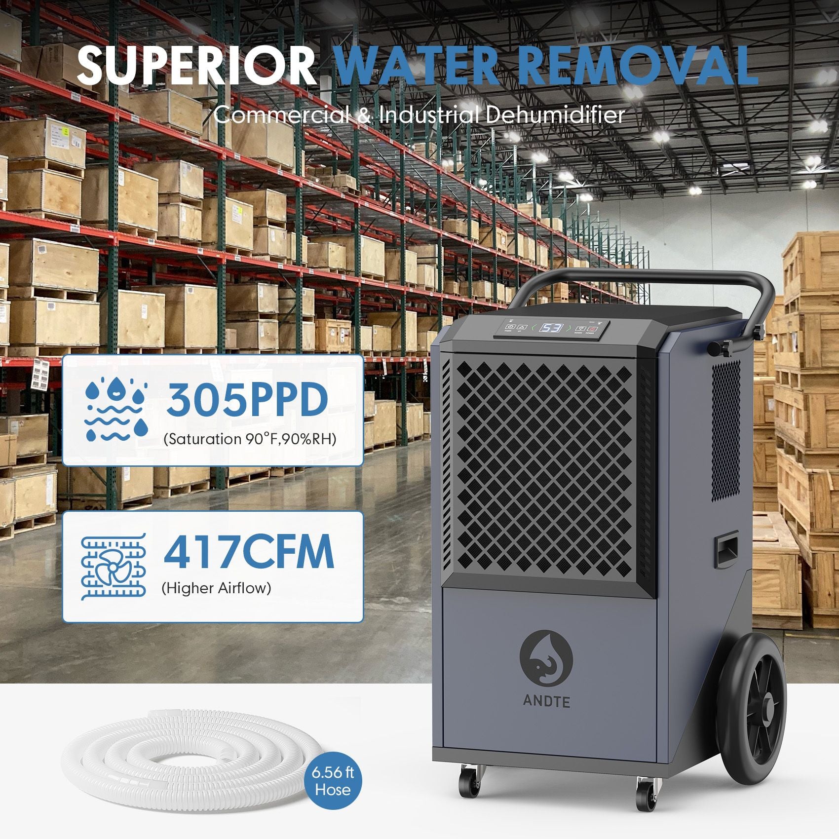 Commercial Dehumidifier 305 PPD back view with drainage