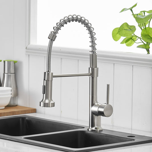 Commercial kitchen faucet with pull down sprayer brushed nickel front view