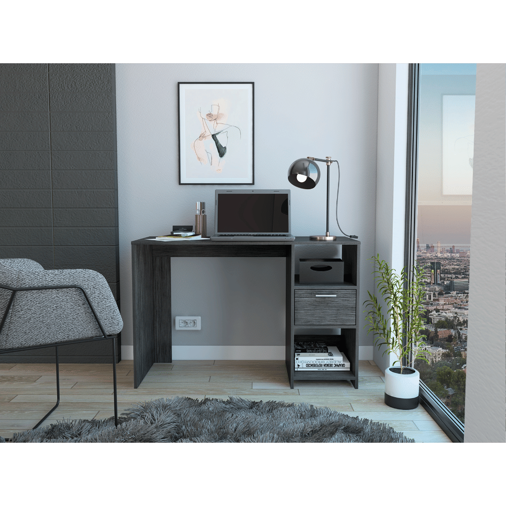 Computer Desk with 1-Drawer and 2-Open Storage Shelves, Smokey Oak image 1