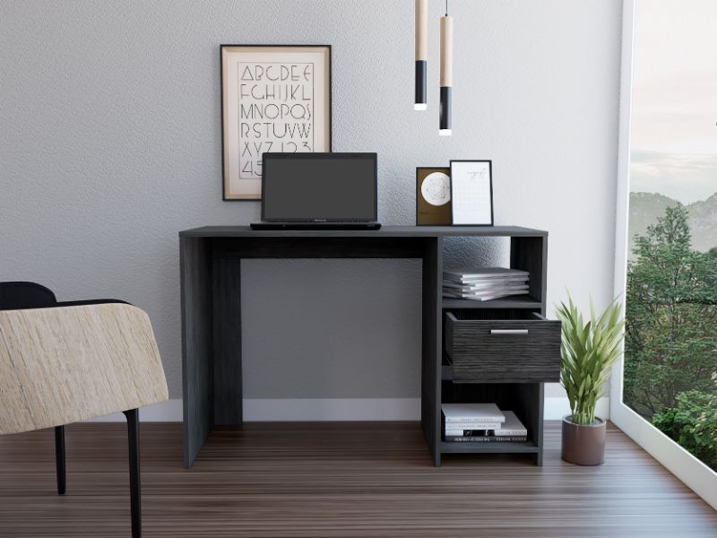 Computer Desk with 1-Drawer and 2-Open Storage Shelves, Smokey Oak image 3