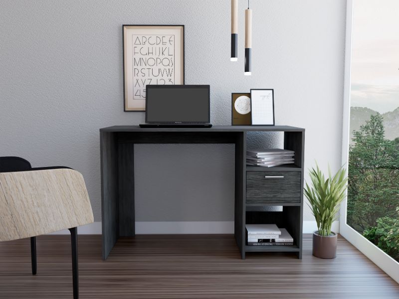 Computer Desk with 1-Drawer and 2-Open Storage Shelves, Smokey Oak image 2