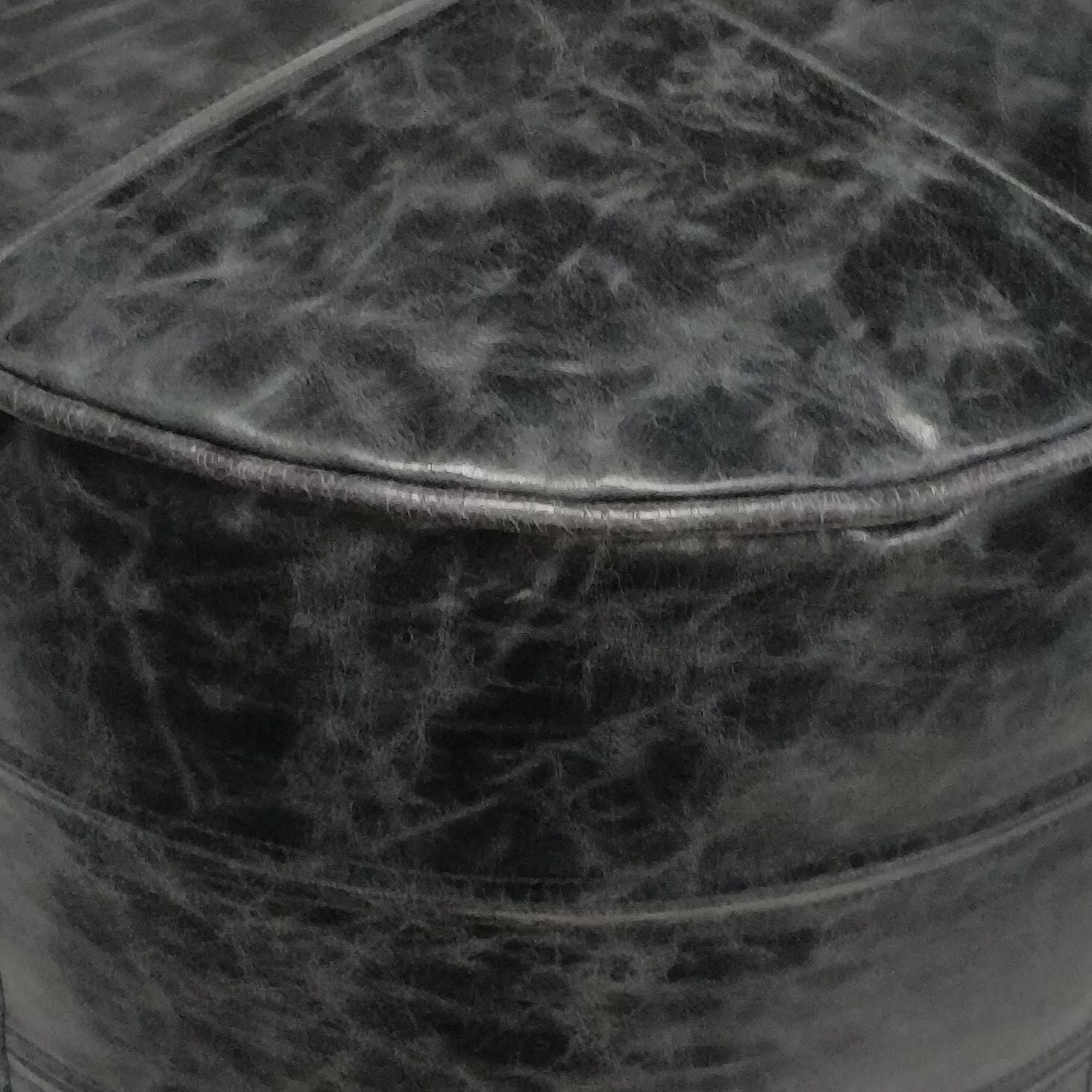 Connor 18 inch Wide Round Pouf in Distressed Black Genuine Leather image 2