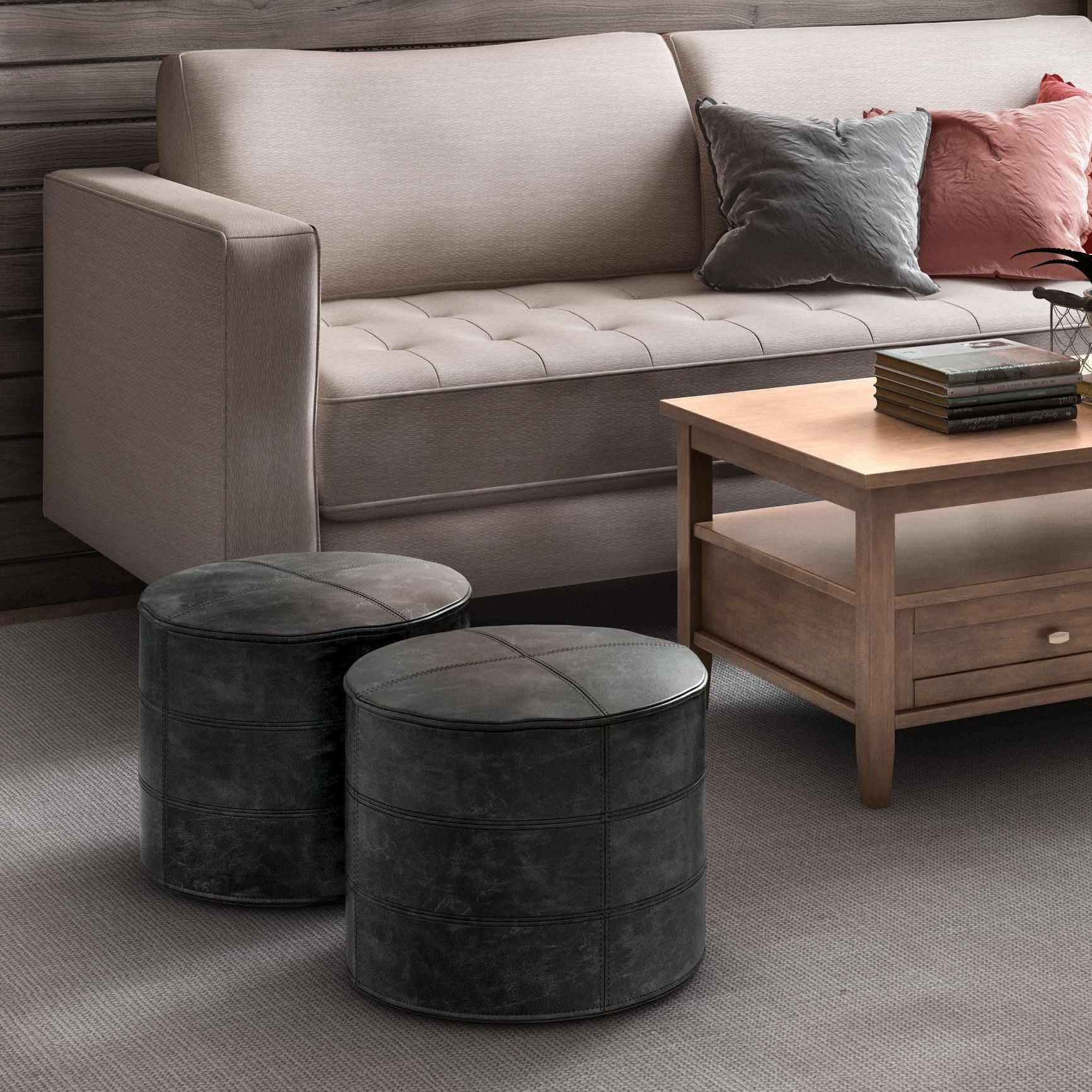 Connor 18 inch Wide Round Pouf in Distressed Black Genuine Leather image 6