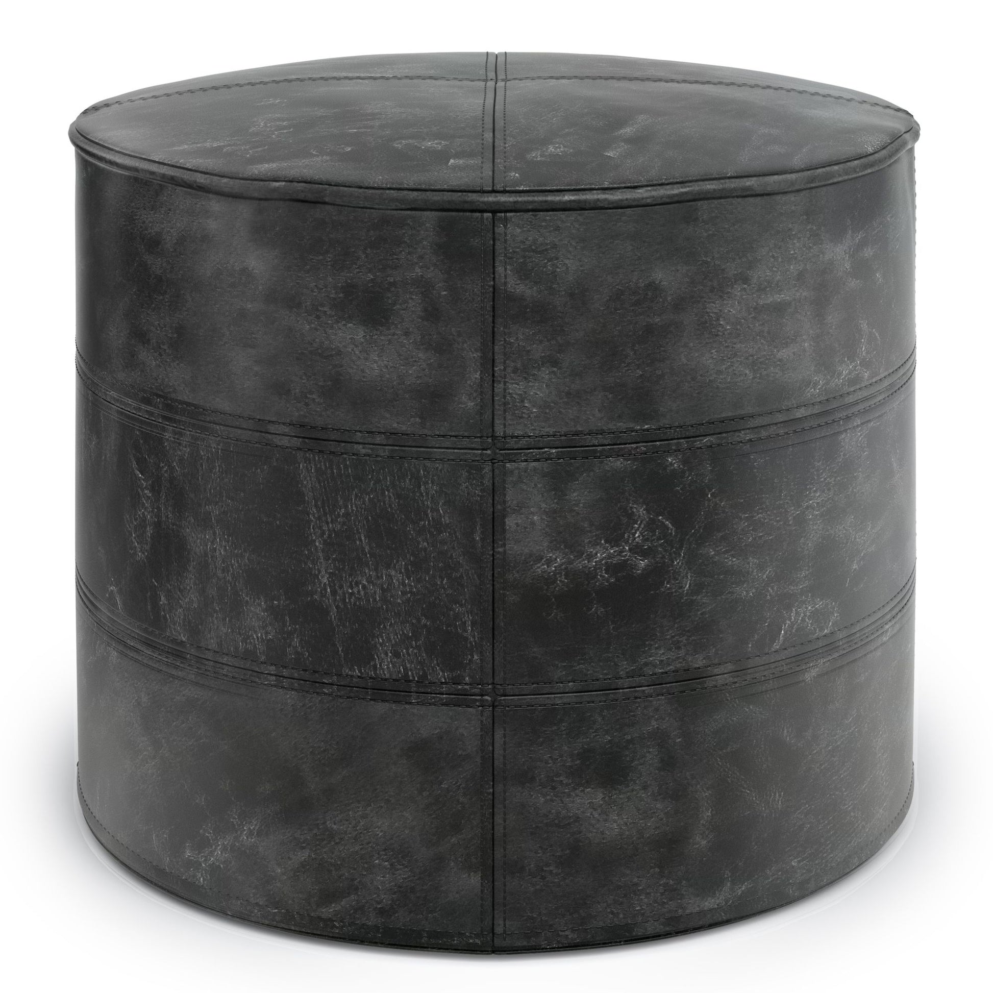 Connor 18 inch Wide Round Pouf in Distressed Black Genuine Leather image 1
