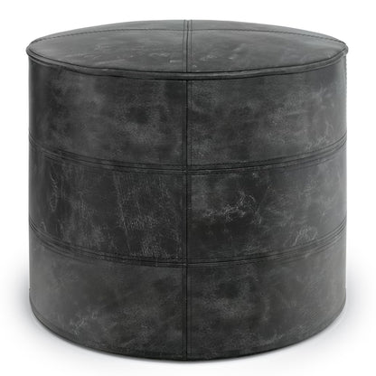 Connor 18 inch Wide Round Pouf in Distressed Black Genuine Leather image 1