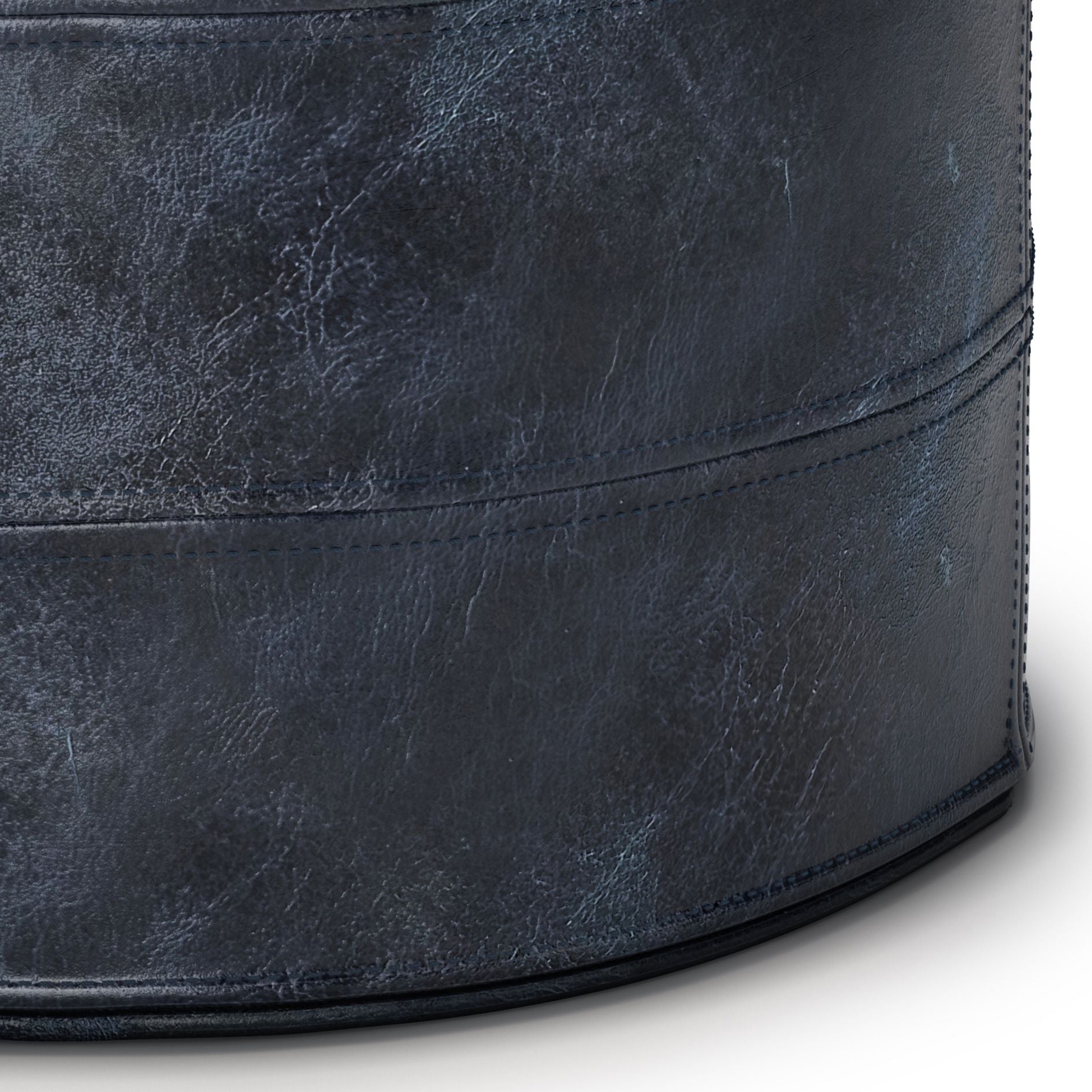 Connor 18 inch Wide Round Pouf in Distressed Navy Blue Genuine Leather image 3