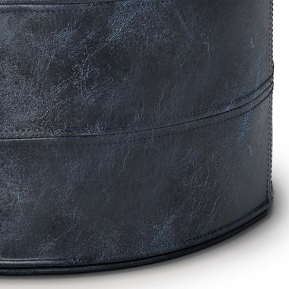 Connor 18 inch Wide Round Pouf in Distressed Navy Blue Genuine Leather image 3