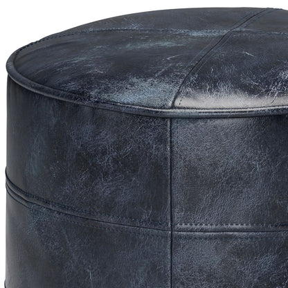 Connor 18 inch Wide Round Pouf in Distressed Navy Blue Genuine Leather image 2