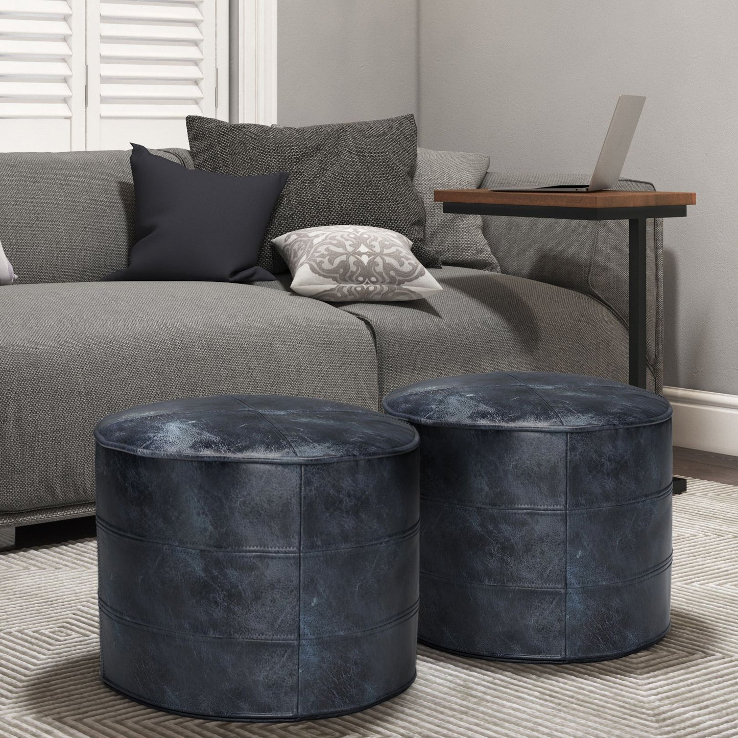 Connor 18 inch Wide Round Pouf in Distressed Navy Blue Genuine Leather image 6