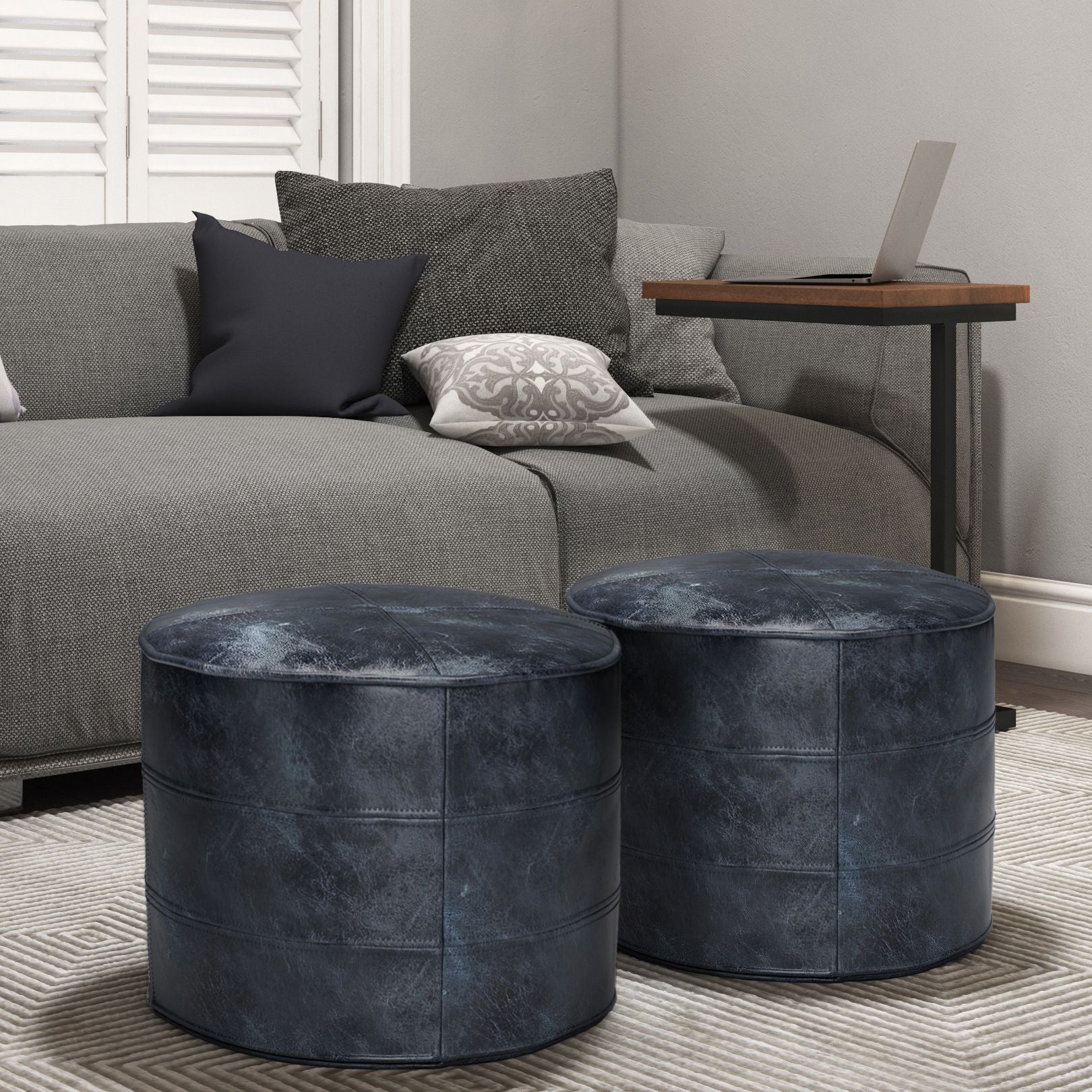Connor 18 inch Wide Round Pouf in Distressed Navy Blue Genuine Leather image 6