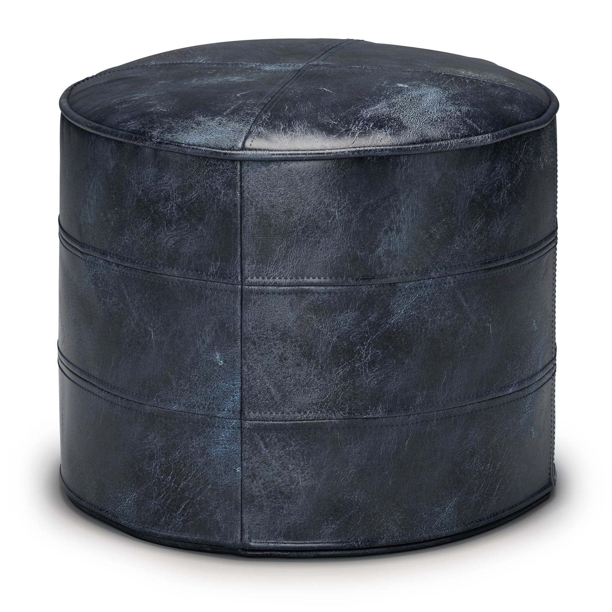 Connor 18 inch Wide Round Pouf in Distressed Navy Blue Genuine Leather image 1
