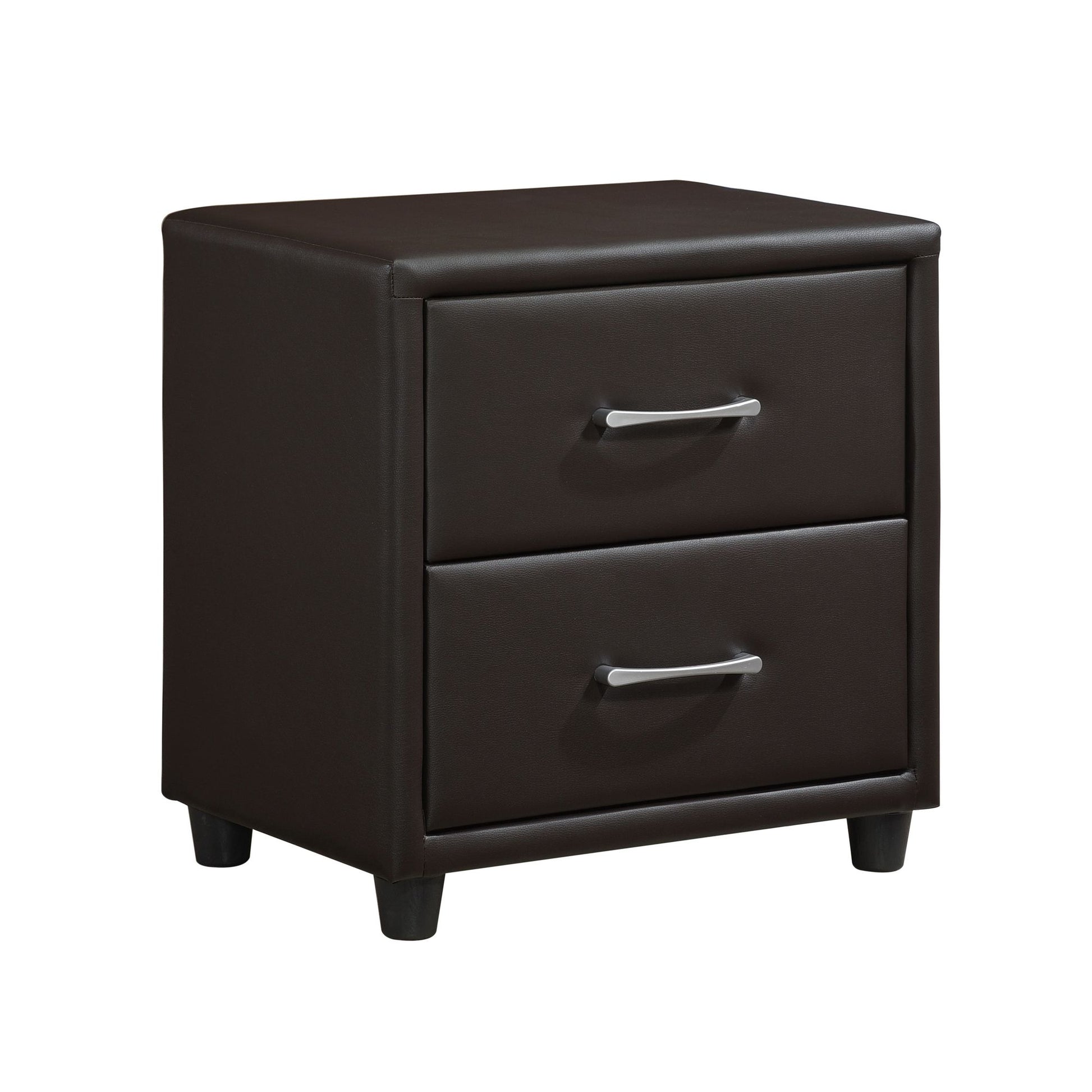 Contemporary Design 1pc Bedroom Furniture Two Drawers Nightstand Silver Tone Bar Pulls Faux Leather Upholstery, Dark Bro image 3
