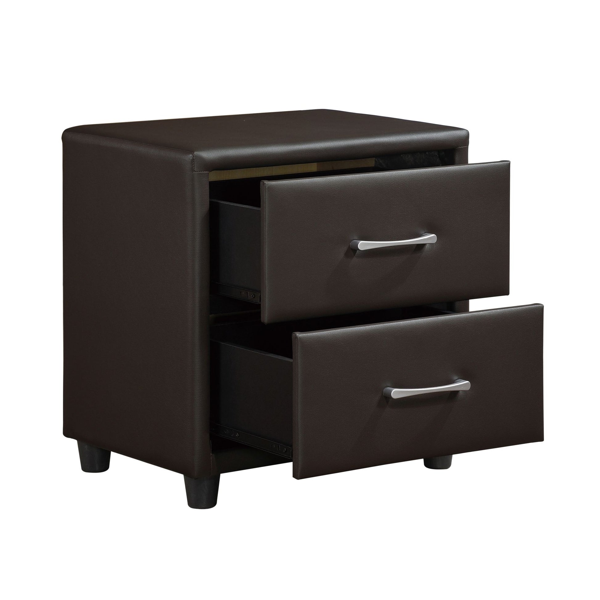 Contemporary Design 1pc Bedroom Furniture Two Drawers Nightstand Silver Tone Bar Pulls Faux Leather Upholstery, Dark Bro image 4
