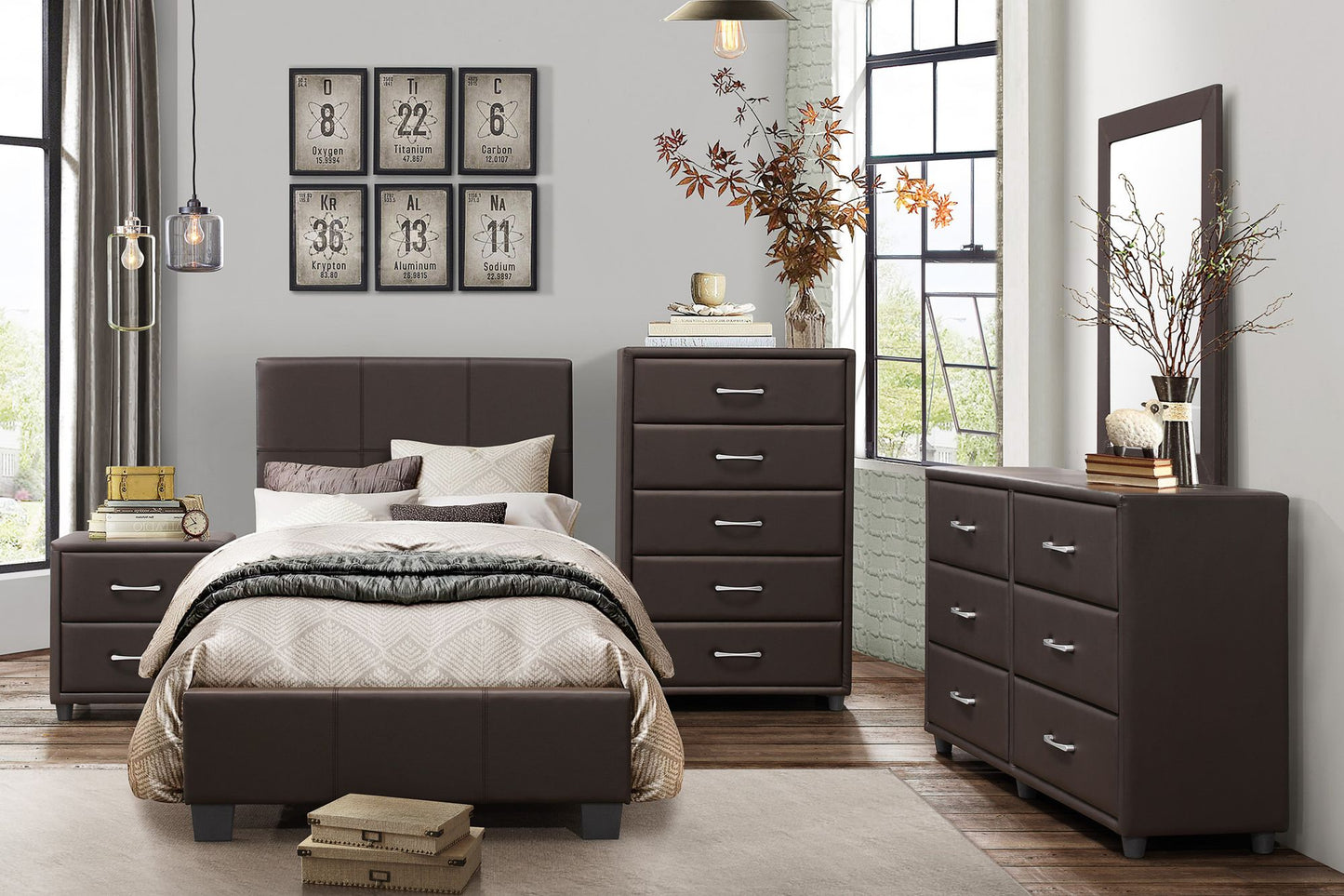 Contemporary Design 1pc Bedroom Furniture Two Drawers Nightstand Silver Tone Bar Pulls Faux Leather Upholstery, Dark Bro image 7