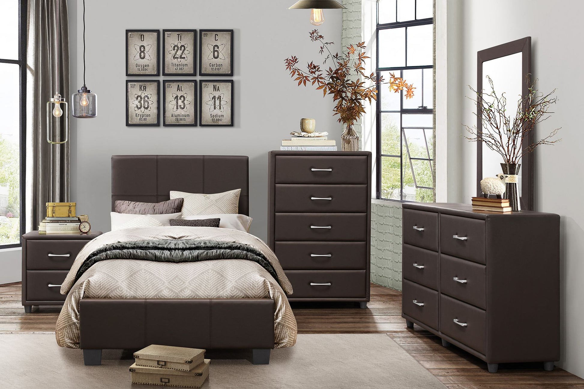 Contemporary Design 1pc Bedroom Furniture Two Drawers Nightstand Silver Tone Bar Pulls Faux Leather Upholstery, Dark Bro image 7