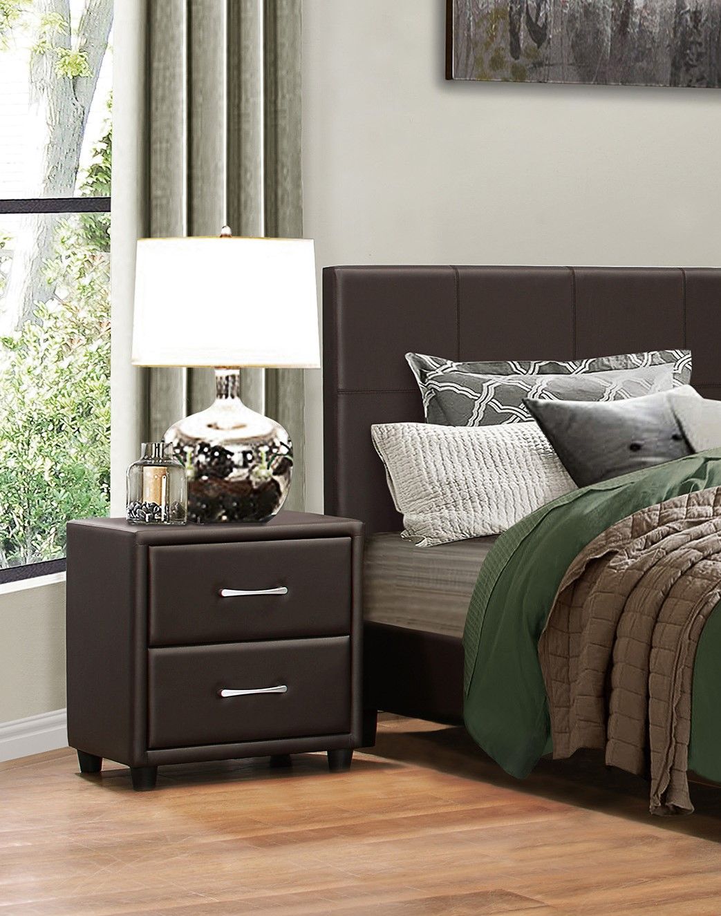 Contemporary Design 1pc Bedroom Furniture Two Drawers Nightstand Silver Tone Bar Pulls Faux Leather Upholstery, Dark Bro image 1