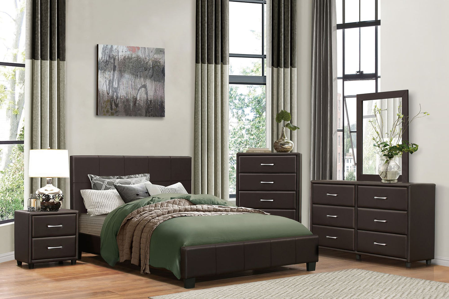 Contemporary Design 1pc Bedroom Furniture Two Drawers Nightstand Silver Tone Bar Pulls Faux Leather Upholstery, Dark Bro image 6