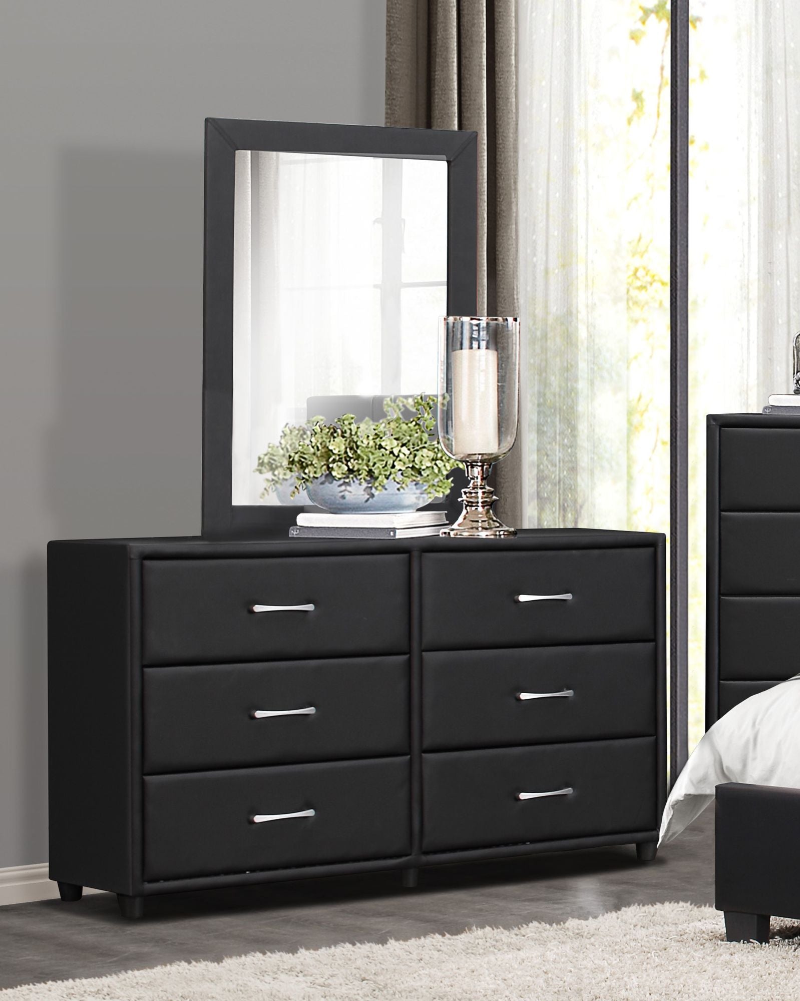 Contemporary Design Black Dresser 1pc 6x Drawers Faux Leather Upholstery Plywood Engineered Wood image 5