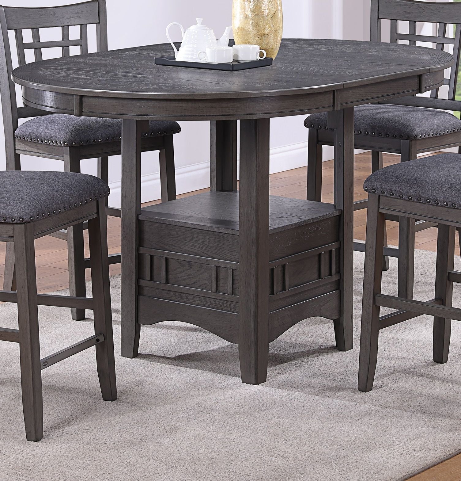 Contemporary Dining Room Counter Height 5pc Dining Set Round Table w Leaf And 4x Side Chairs Gray Finish Solid wood image 11