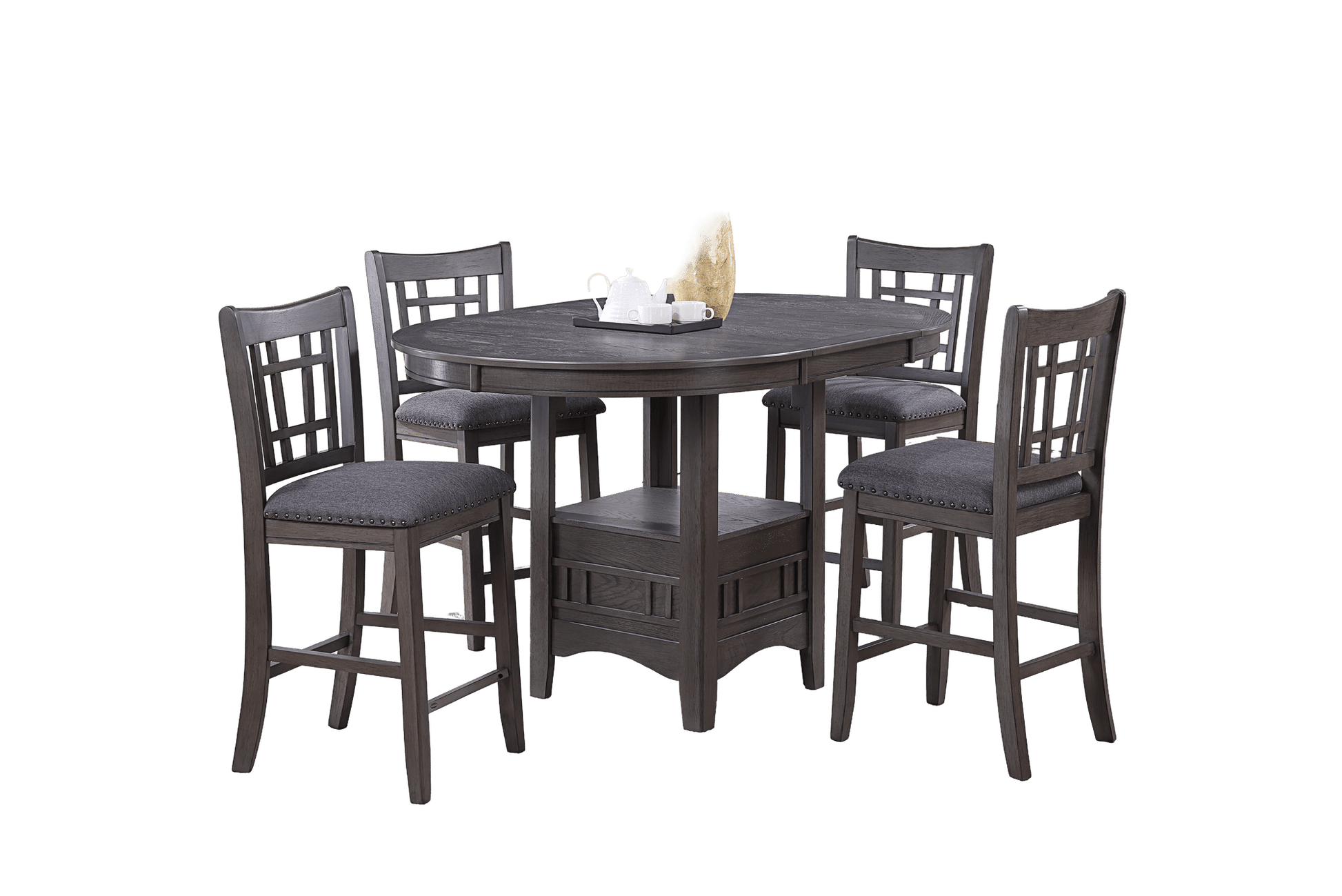 Contemporary Dining Room Counter Height 5pc Dining Set Round Table w Leaf And 4x Side Chairs Gray Finish Solid wood image 5