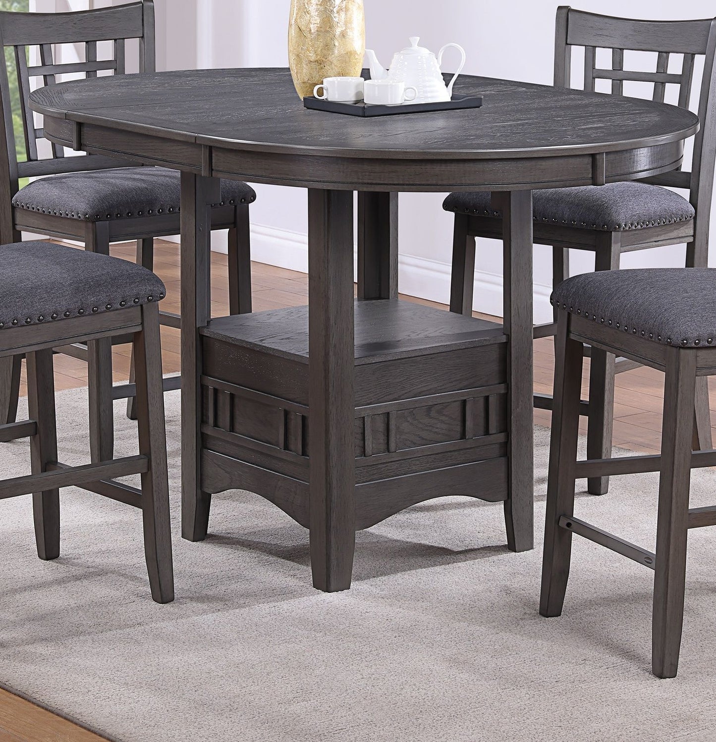 Contemporary Dining Room Counter Height 5pc Dining Set Round Table w Leaf And 4x Side Chairs Gray Finish Solid wood image 8