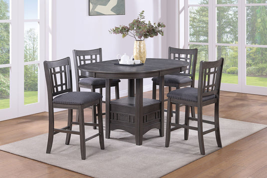 Contemporary Dining Room Counter Height 5pc Dining Set Round Table w Leaf And 4x Side Chairs Gray Finish Solid wood image 1