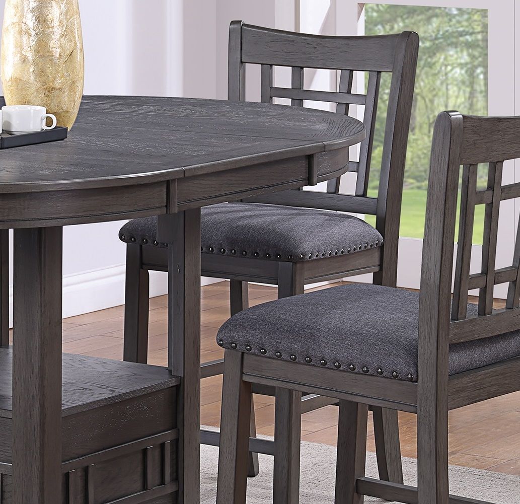 Contemporary Dining Room Counter Height 5pc Dining Set Round Table w Leaf And 4x Side Chairs Gray Finish Solid wood image 10