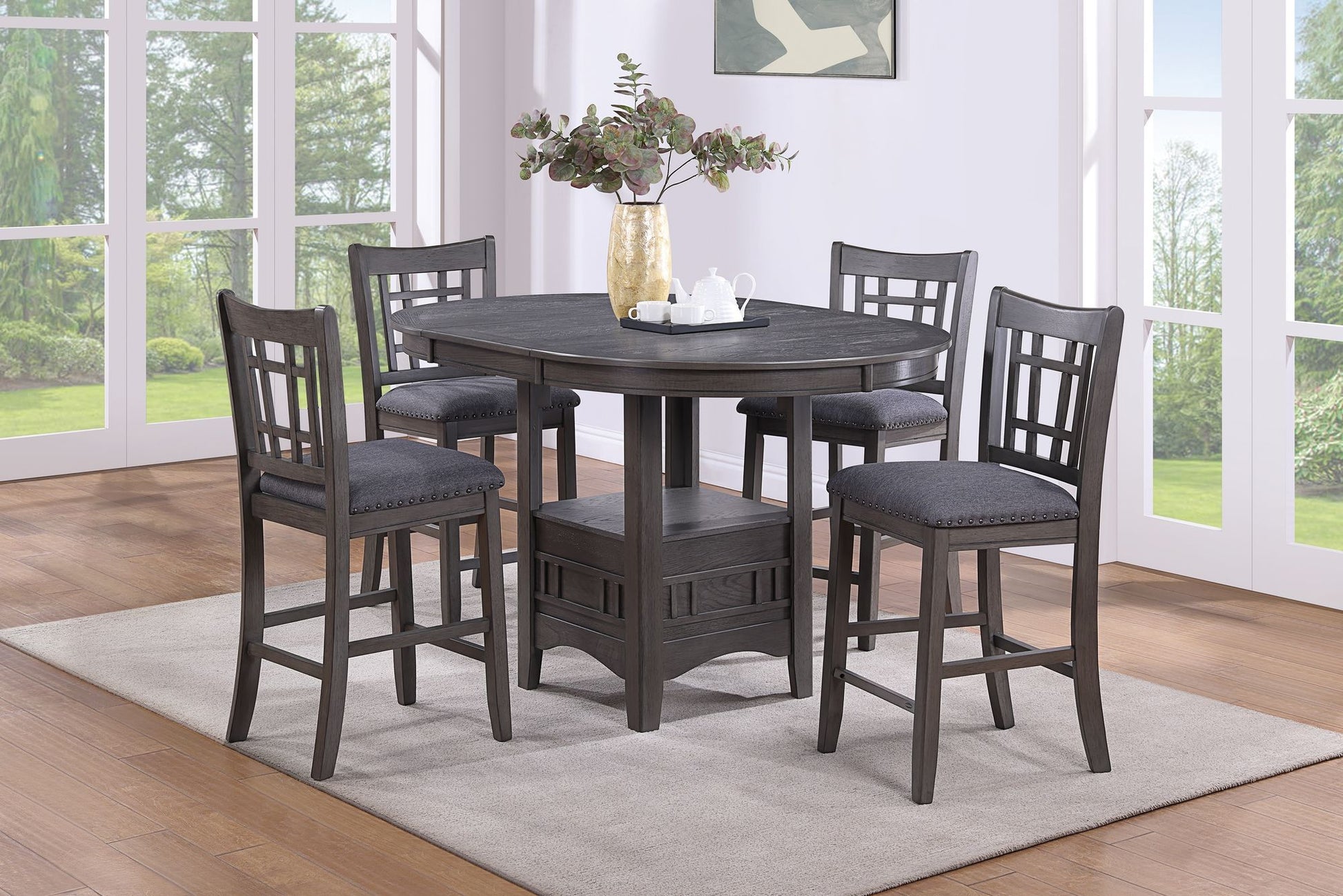 Contemporary Dining Room Counter Height 5pc Dining Set Round Table w Leaf And 4x Side Chairs Gray Finish Solid wood image 2