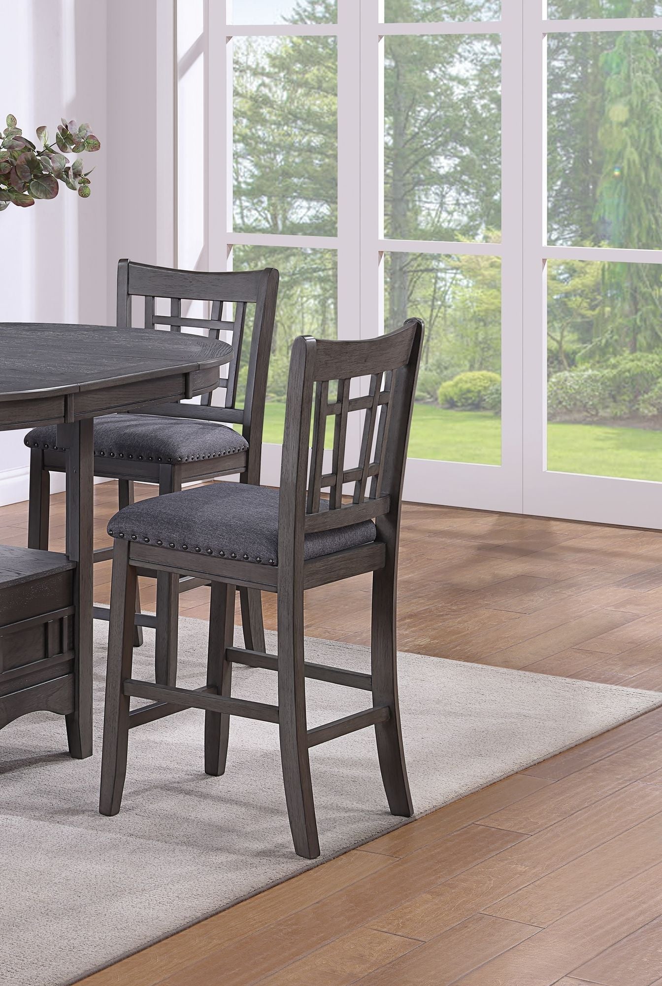 Contemporary Dining Room Counter Height 5pc Dining Set Round Table w Leaf And 4x Side Chairs Gray Finish Solid wood image 4