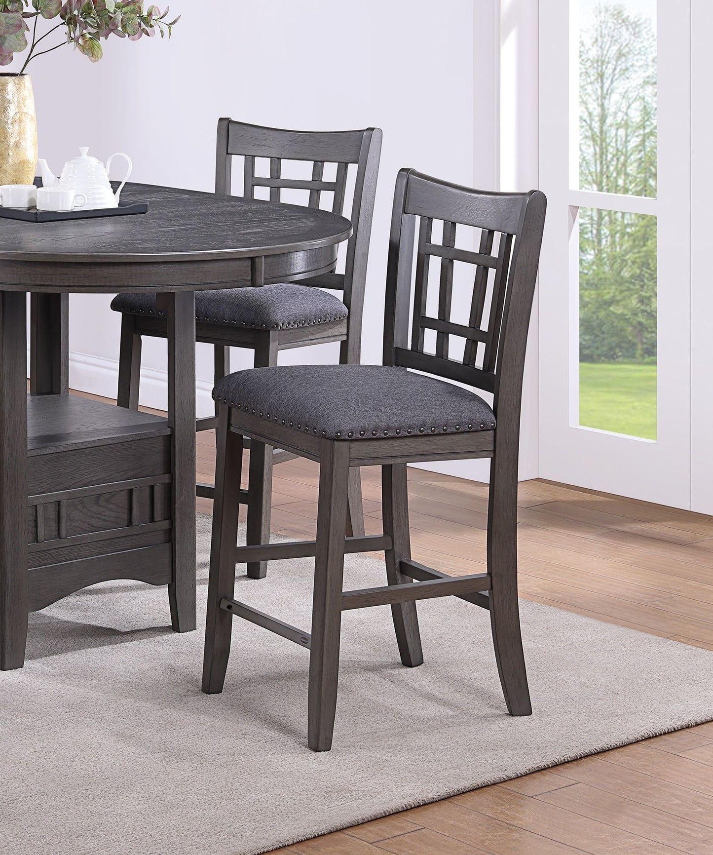 Contemporary Dining Room Counter Height 5pc Dining Set Round Table w Leaf And 4x Side Chairs Gray Finish Solid wood image 13
