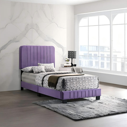 Contemporary twin bed in vibrant purple with velvet upholstery - front view