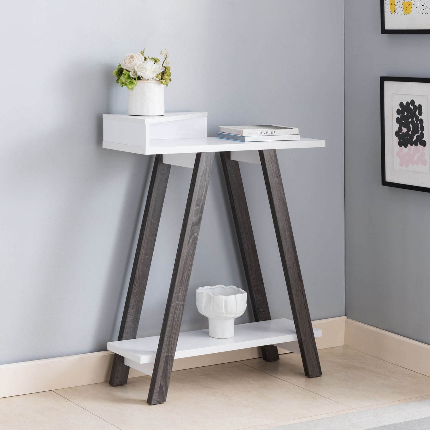 Contemporary Two Toned Console Table with Two Shelves - White & Grey image 1
