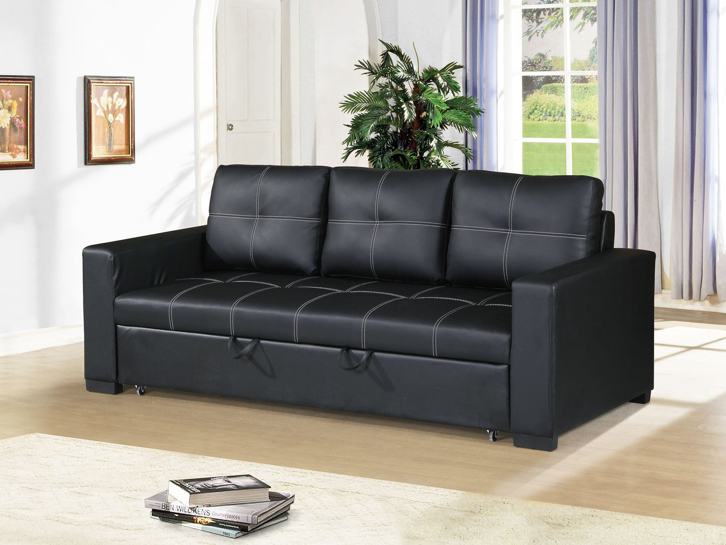 Convertible Sofa in Black Faux Leather image 1