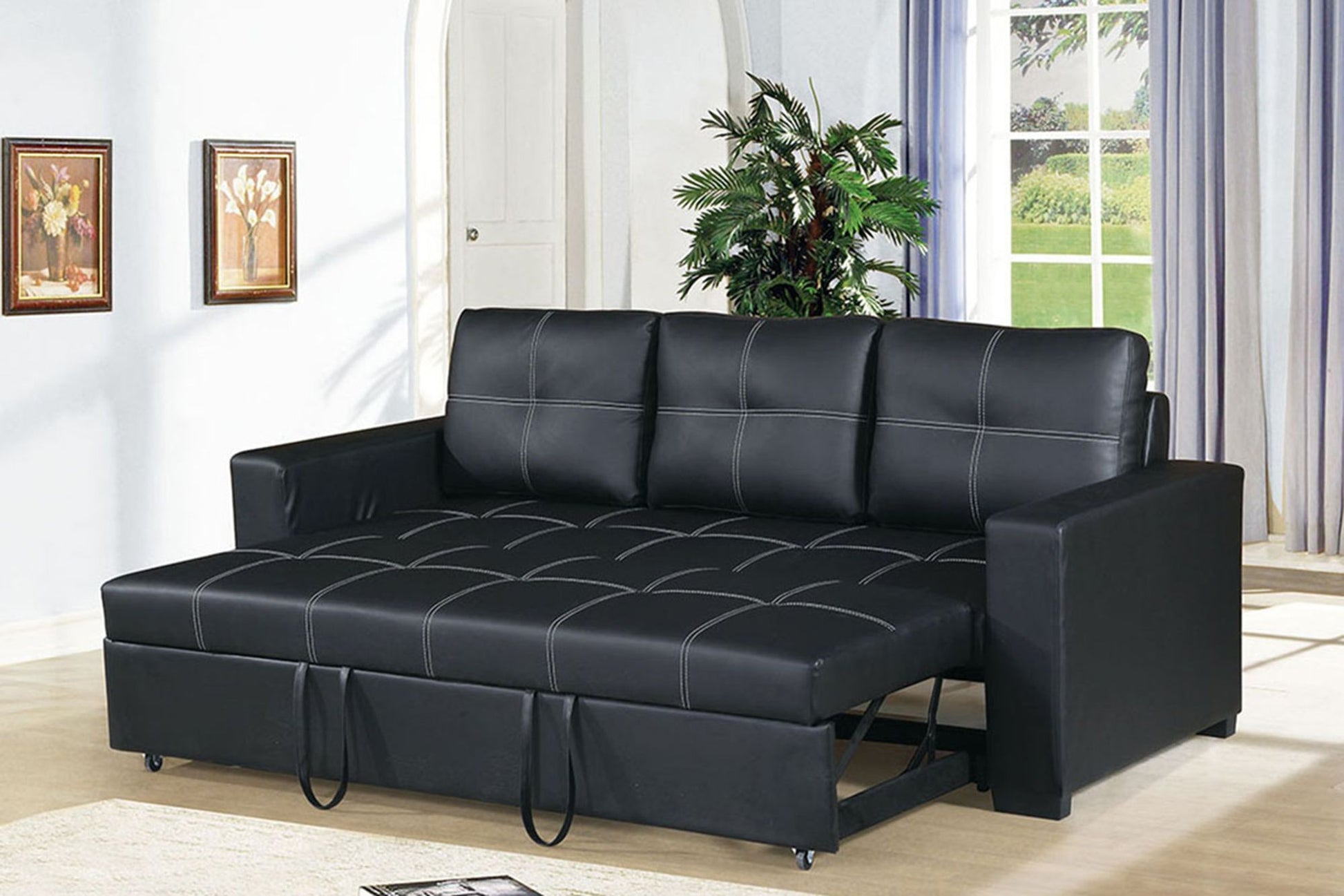 Convertible Sofa in Black Faux Leather image 2