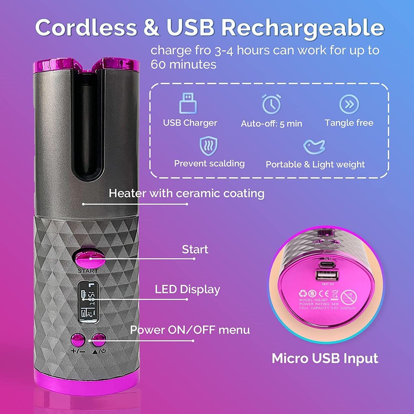 Cordless Auto Rotating Hair Curler Hair Waver Curling Iron Styling Tool Purple image 14