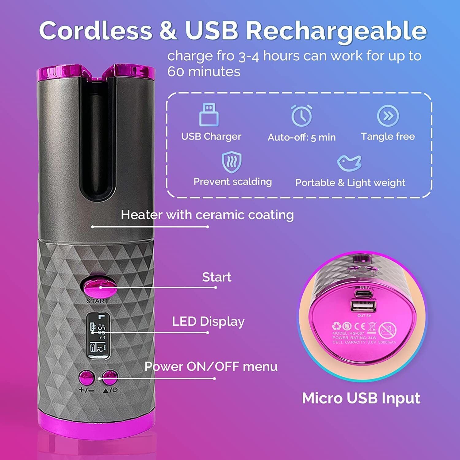 Cordless Auto Rotating Hair Curler Hair Waver Curling Iron Styling Tool Purple image 14