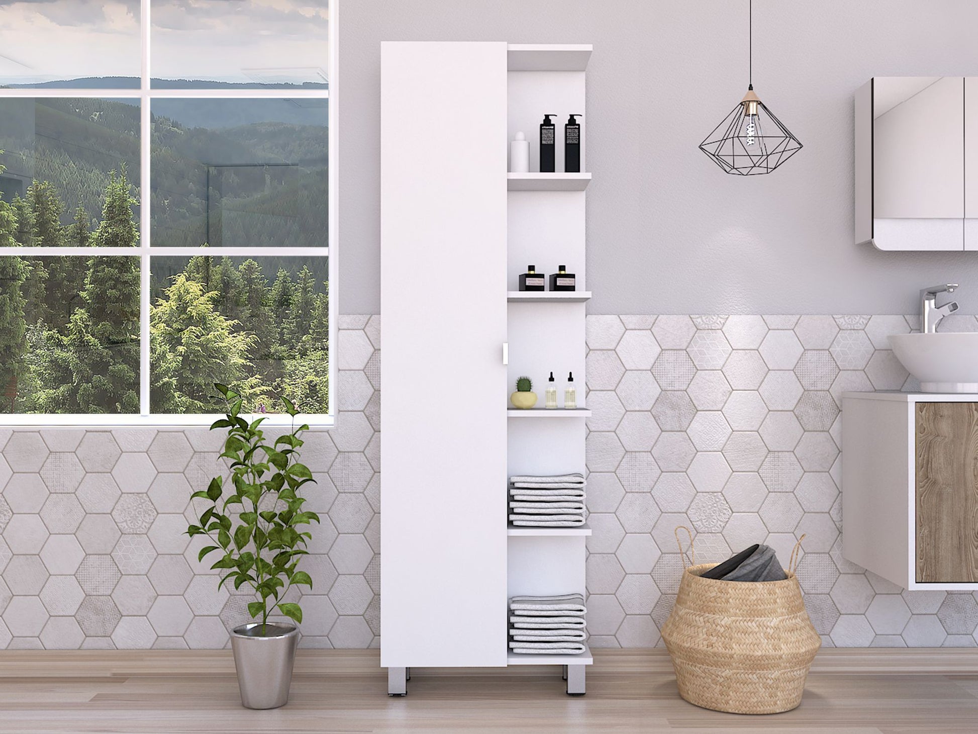 Corner Cabinet Womppi, Five Open Shelves, Single Door, White Finish image 8