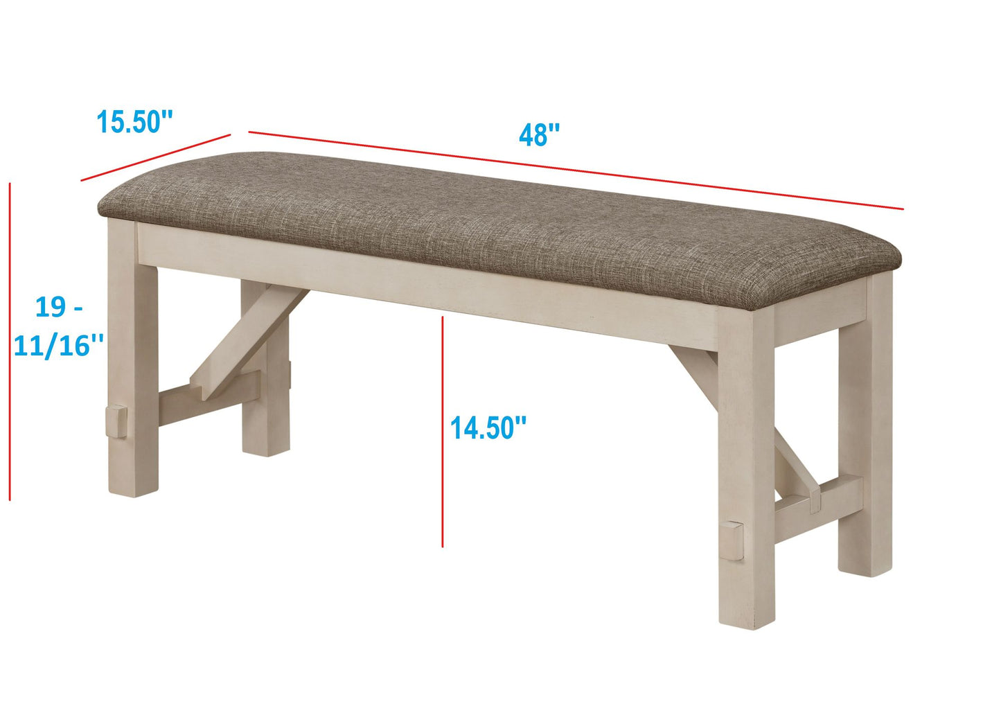 Cottage Style 1pc Upholstered Seat Chalk Gray Finish Bench Dining Room Bedroom Wooden Furniture Standard Height image 4