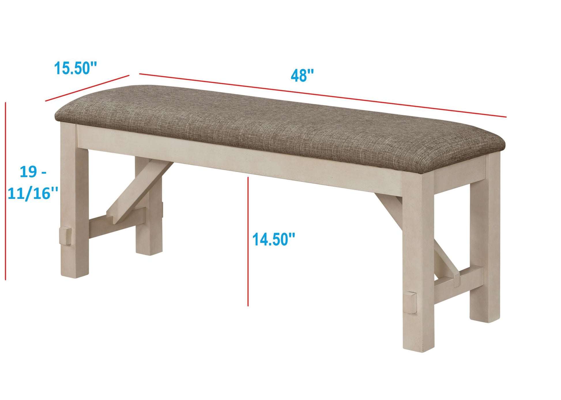 Cottage Style 1pc Upholstered Seat Chalk Gray Finish Bench Dining Room Bedroom Wooden Furniture Standard Height image 4