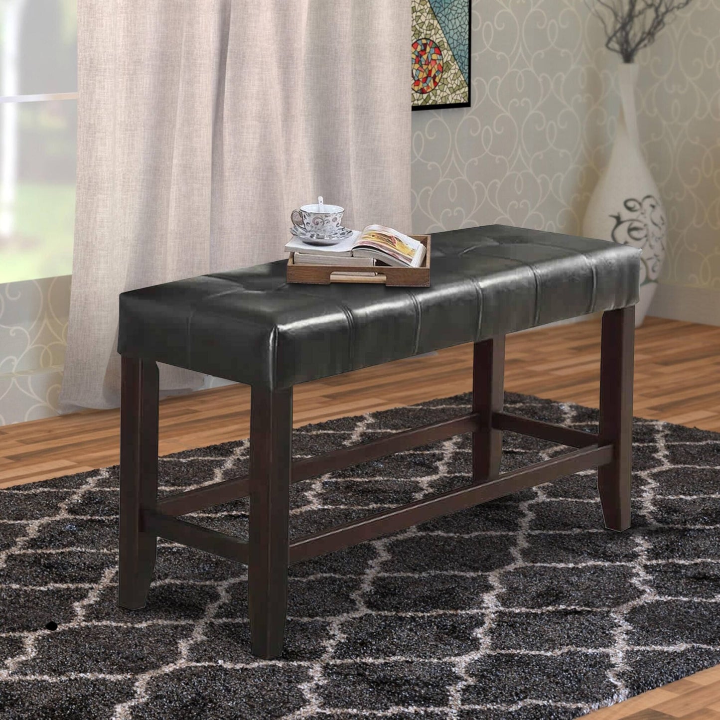 Counter Height 1pc Bench Dining Room Black Faux Leather Cushion Tufted Seat Wooden Base Comfort Seat Kitchen Dining image 1