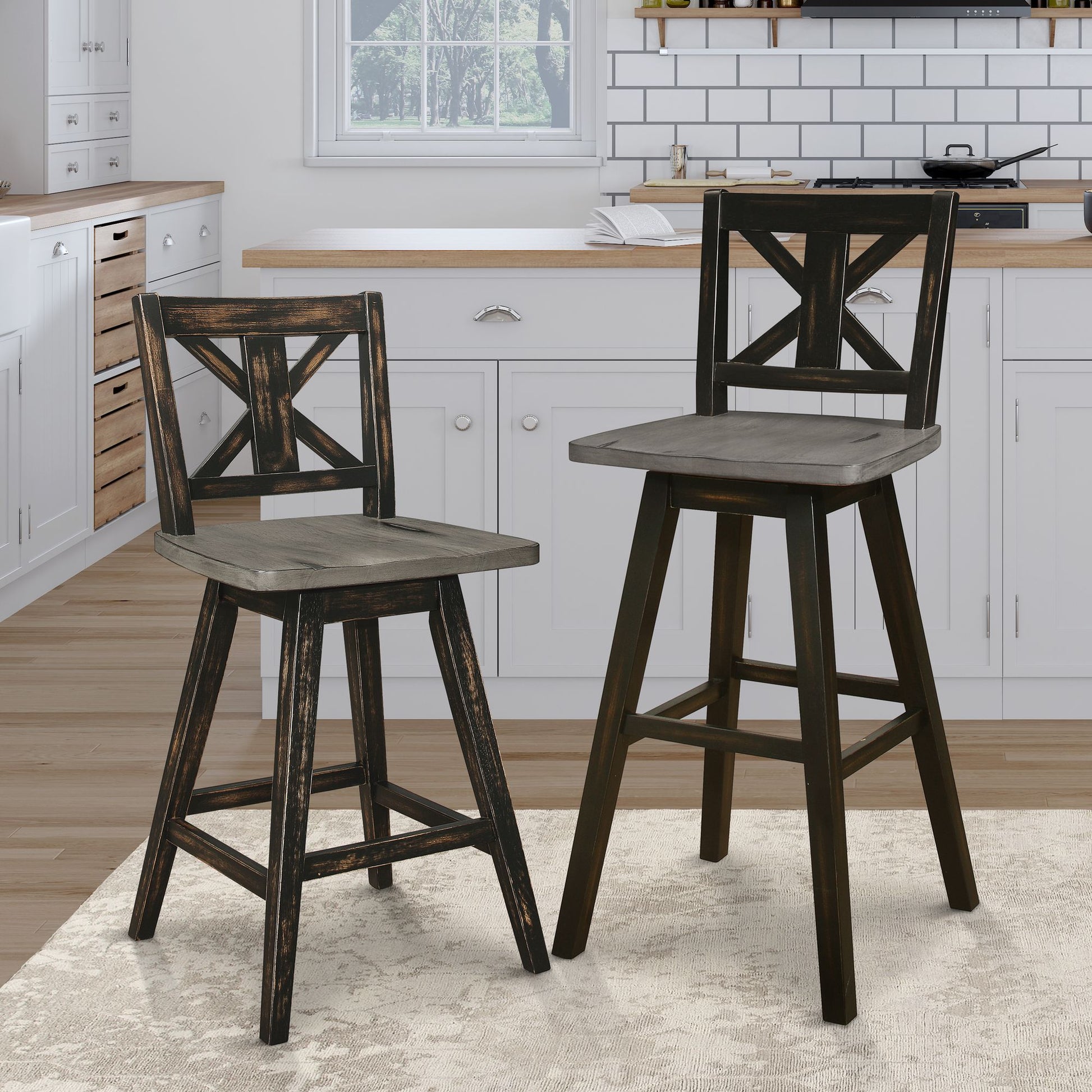 Counter Height Chairs Set of 2, Black X-Back 360-degree Swivel Chair Solid Rubberwood Kitchen Dining Furniture image 6