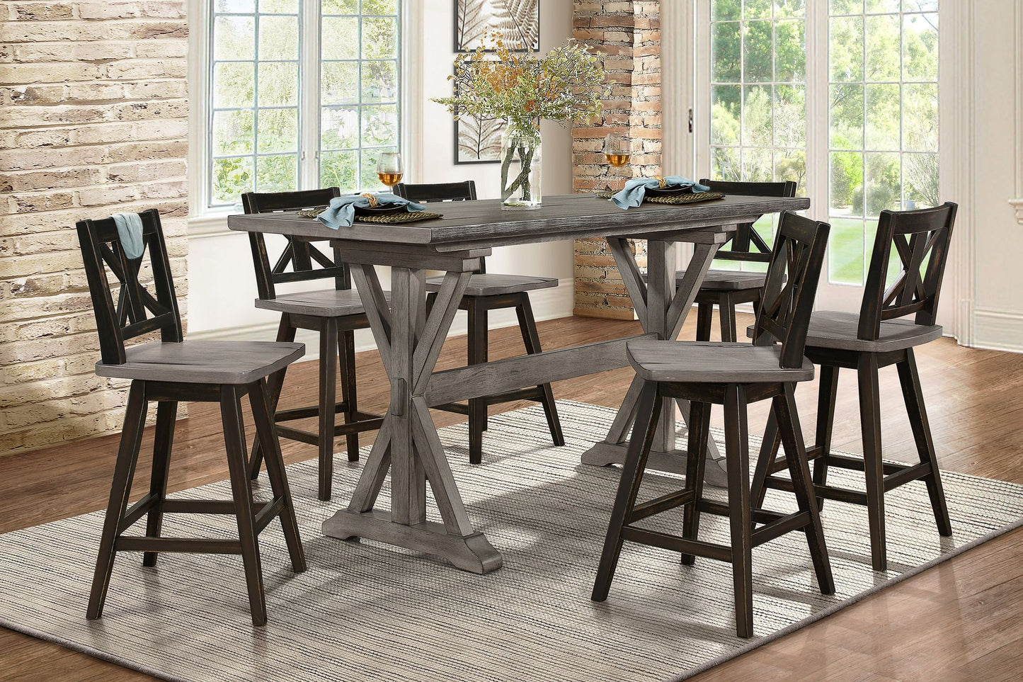 Counter Height Chairs Set of 2, Black X-Back 360-degree Swivel Chair Solid Rubberwood Kitchen Dining Furniture image 5