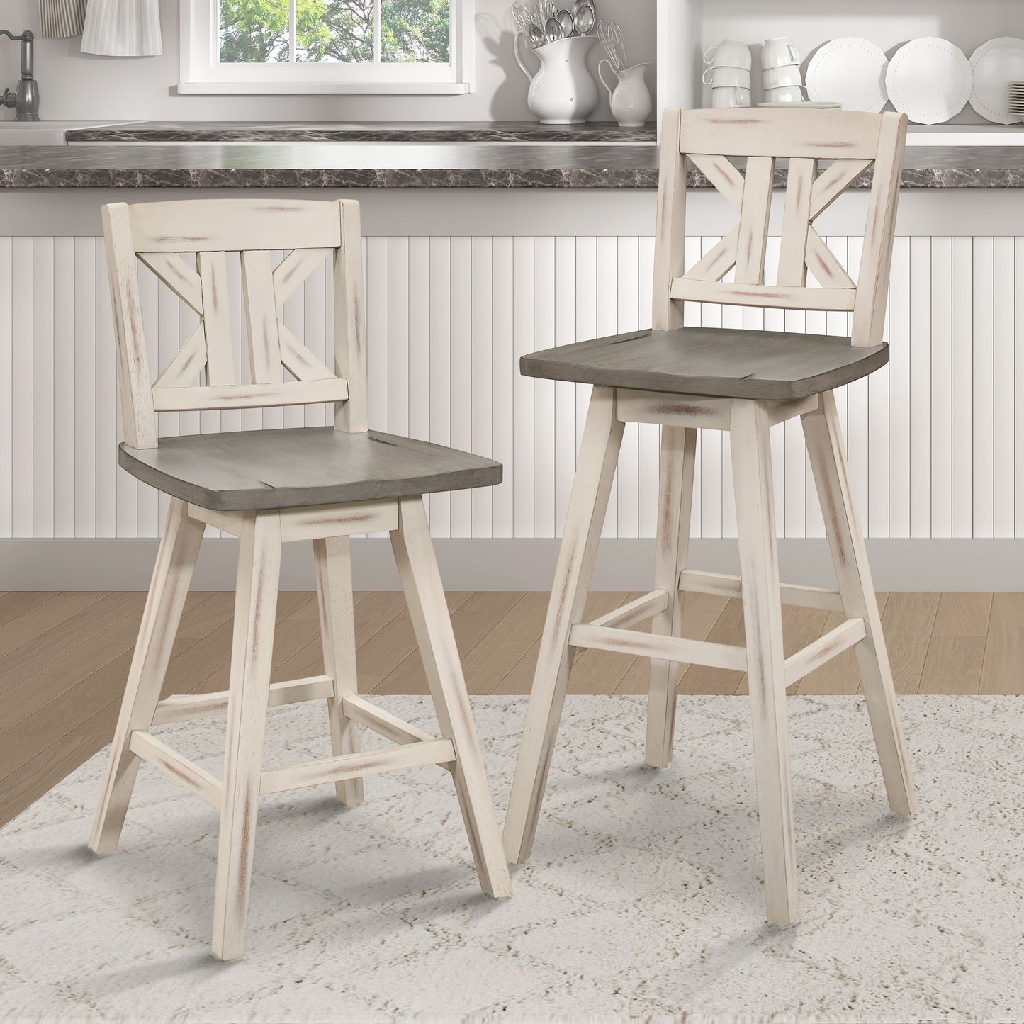 Counter Height Chairs Set of 2, White Gray 360-degree Swivel Chair Solid Rubberwood Kitchen Dining Furniture, Divided X- image 7