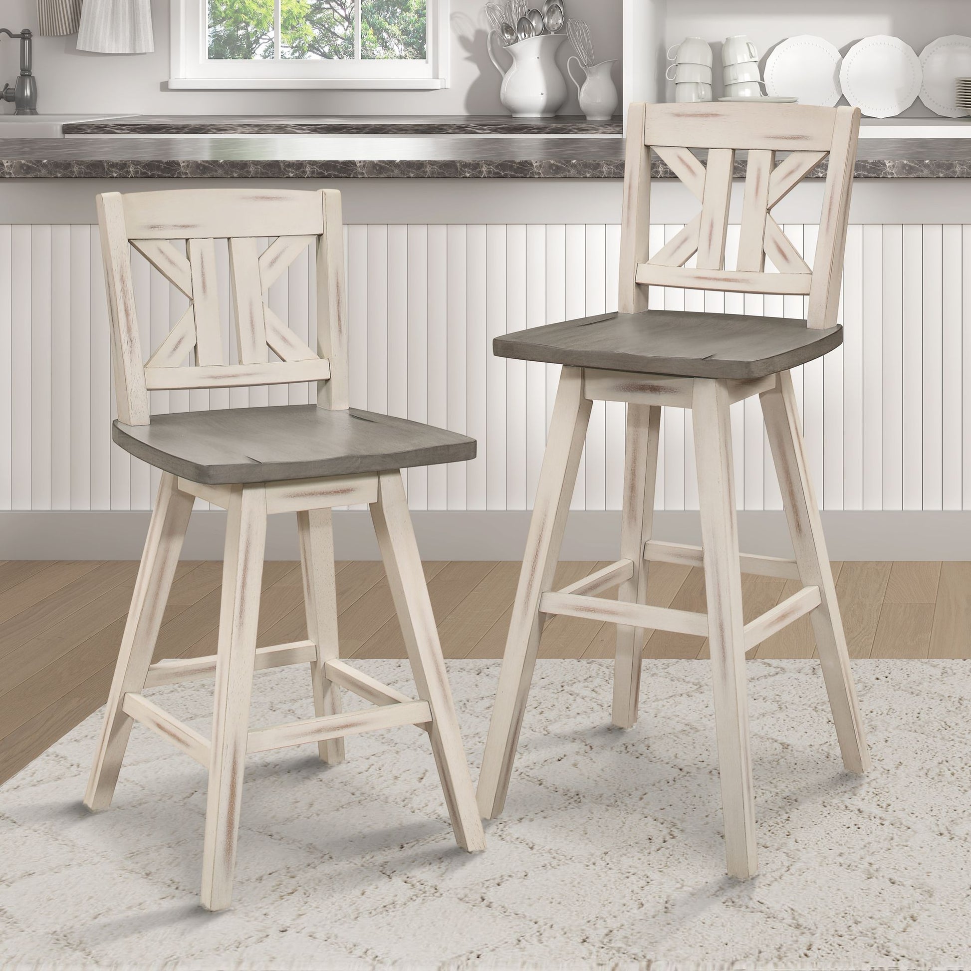Counter Height Chairs Set of 2, White Gray 360-degree Swivel Chair Solid Rubberwood Kitchen Dining Furniture, Divided X- image 7